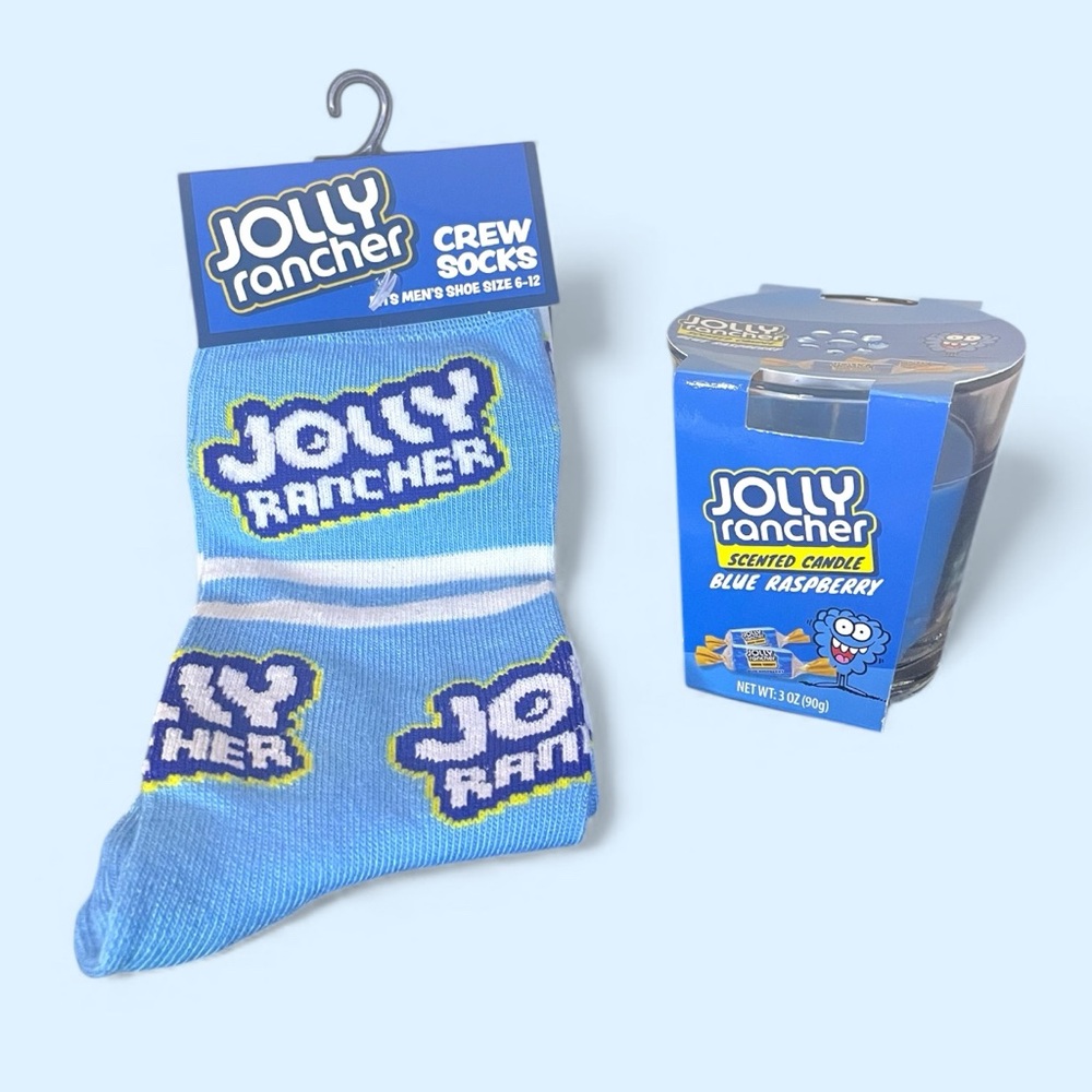 Jolly Rancher Socks & Candle Set Crew 6-12 Blue White Candy Birthday NEW NWT